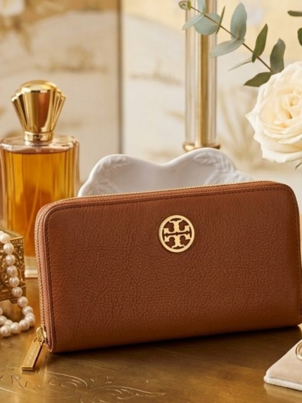 Tory Burch Robinson Saffiano Leather Zip Around Large Wallet Brown